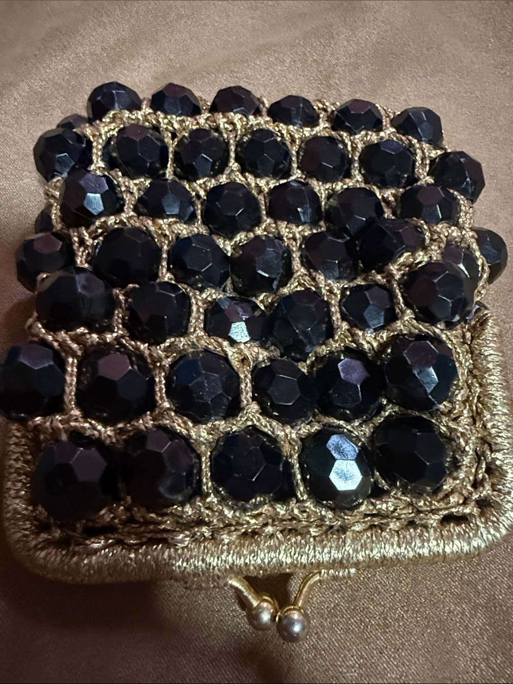 Gold Beaded Evening Coin Purse with Black Faceted Bead made in Italy